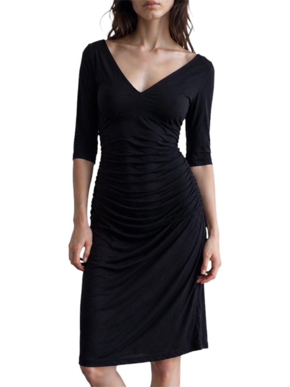 M Rachel Roy Black Ruched Bodycon Midi Dress Deep V Stretch